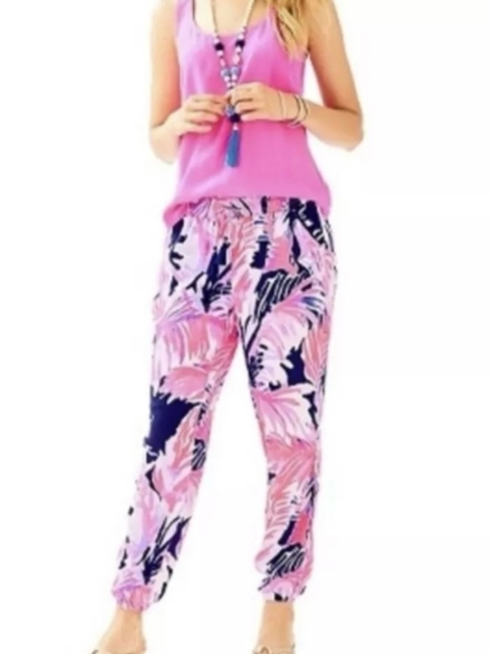 Lilly Pulitzer Pink & Navy Tropical Print Jogger Pants